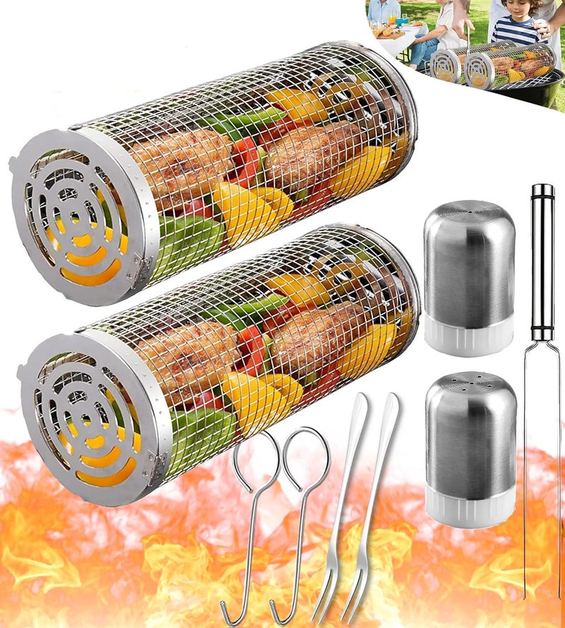 AUCMA Rolling Grilling Baskets for Outdoor Grill Bbq Net Tube Must Have Large Round Mesh Barbecue Cylinder Cage Gadgets Cooking Accessories Essentials for Picnic Vegetable Fish Meat Veggies, Gift for Men - Image 1